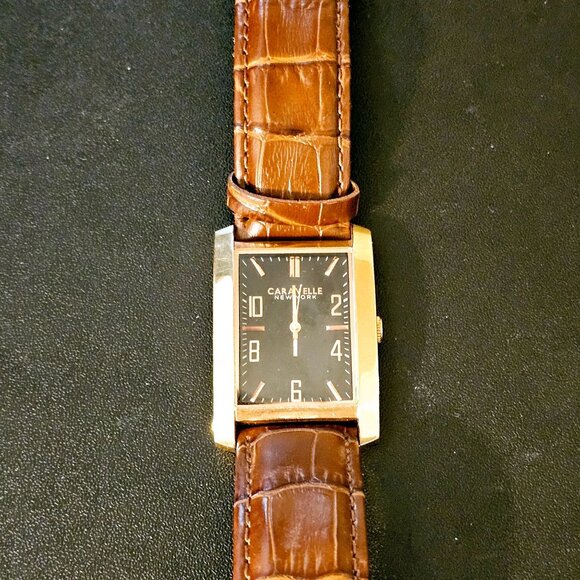 Caravelle New York Women's Brown Genuine Leather Crocodile Rectangle Watch - Picture 2 of 8